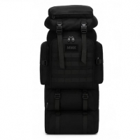 Mochila cargueira tática de camping cor preta com capacidade de 80 litros, estilo militar e diversos compartimentos.