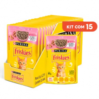 Kit com 15 sachês de ração úmida Purina Friskies para gatos, exibidos em uma caixa expositora amarela com um sachê em destaque à frente.