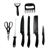 Kit Jogo 8 Peça Faca Cutelo Aço Inox Churrasco Cozinha Preto