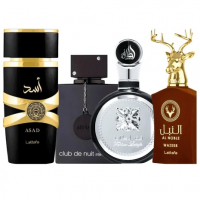 Kit com quatro perfumes masculinos árabes de 100ml, incluindo frascos das marcas Lattafa e Armaf, dispostos lado a lado sobre fundo branco.