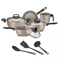 Jogo De Panelas 8 Peças Teflon Antiaderente C Tampa De Vidro Cor Ceramic