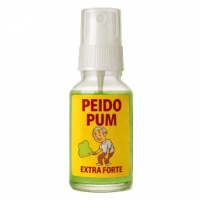 Frasco de vidro transparente com spray contendo líquido esverdeado, com rótulo amarelo ilustrado com um senhor e o texto Peido Pum Extra Forte