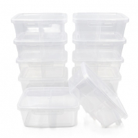 Conjunto de 10 potes de marmita transparentes com travas herméticas, empilhados em duas colunas, com um pote posicionado à frente