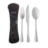 LYOR - Conjunto 4 Peças Estojo De Neoprene Preto Com 3 Talheres Positano Aço Inox
