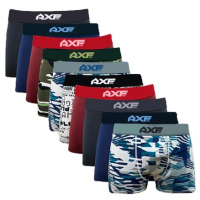 Conjunto de 10 cuecas boxer masculinas em diversas cores, incluindo tons sólidos como preto, azul, vermelho e verde, além de estampas camufladas e geométricas, todas com elástico personalizado com a marca AXF.