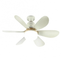 Ventilador de teto branco com cinco pás e luminária central redonda acesa, visto de baixo