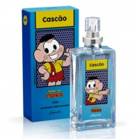 Frasco de vidro transparente de desodorante colônia Cascão Jequiti de 25ml ao lado de sua caixa azul com a ilustração do personagem.