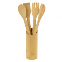 Conjunto Talheres Bambu 5 Peças Pau Colher Garfo Espátulas